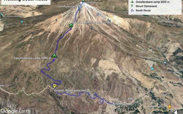 Mount Damavand Trekking Map - Southern Route